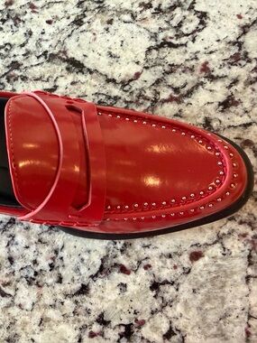 Womens Red Studded Slip-On Loafers